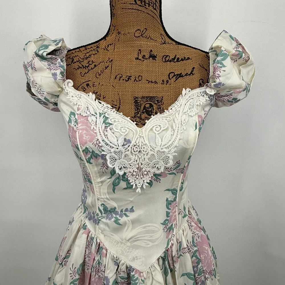 Vtg Scott McClintock Floral Dress Sz 6 Puff Sleeve Lace Cottage Coquette Basque - Picture 2 of 15